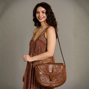 Handmade Peruvian Tooled Leather Shoulder Bag Mayan Design, Large Brown Unlined